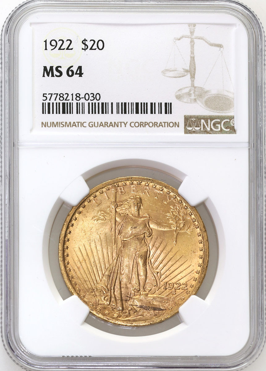 USA. 20 dolarów 1922 Saint Gaudens Filadelfia, NGC MS64 - WYŚMIENITE